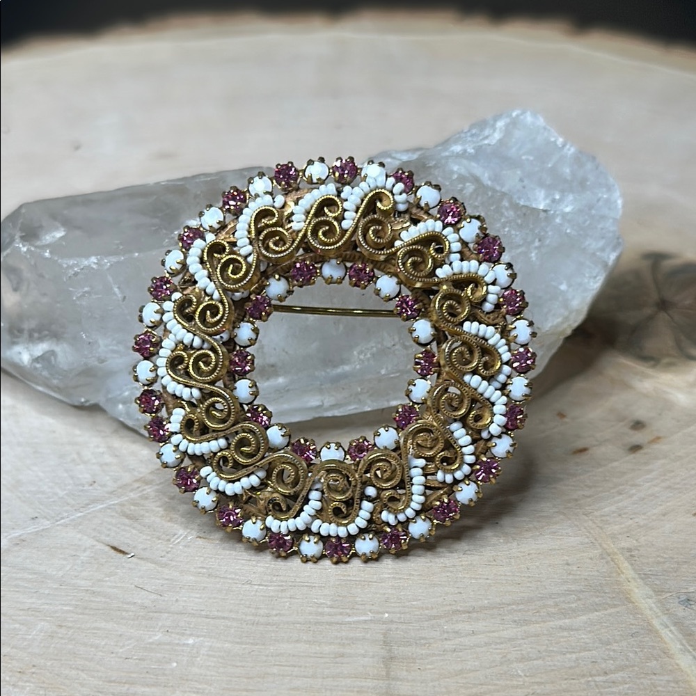 Originals by Robert Milkglass Gold and White Brooch Pin Pink Accents Vintage 60s